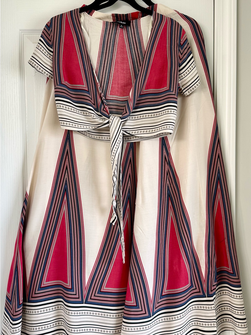 Womenâs Two Piece Cream And Pink Geometric Tie-Front Top With Maxi Skirt